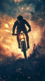 Rider bursts through glowing storm clouds in fearless motion