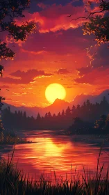 Fiery river sunset over forest silhouettes and mountains.