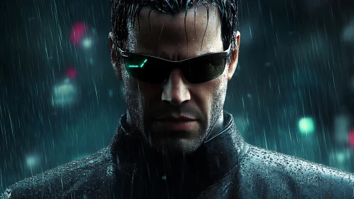Cool cyber protector stands calm and focused in neon rain