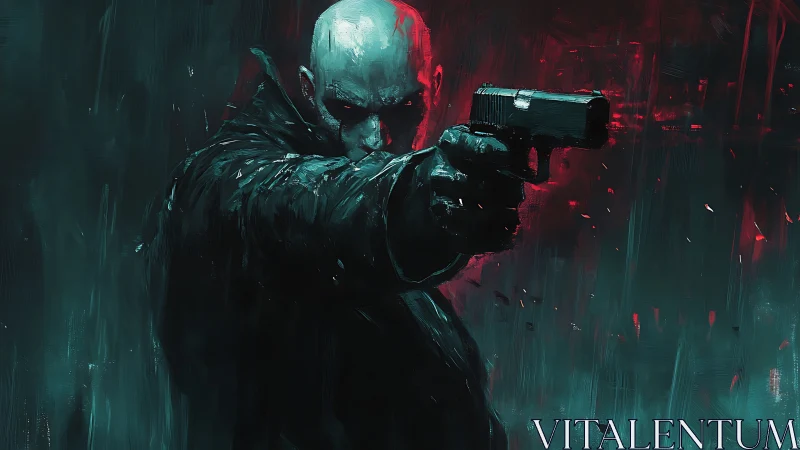 Mysterious night wanderer framed in moody city glow.