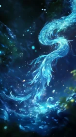 Ethereal aqua spirit swirling through starlit forest night.