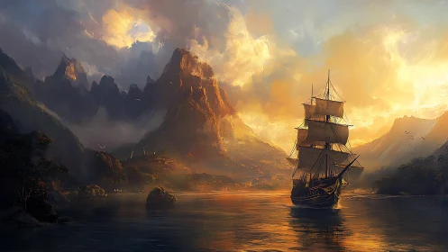 Sunfired galleon glides toward myth-lit mountain passage.