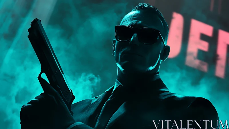 Hitman silhouette holds pistol under neon teal haze.