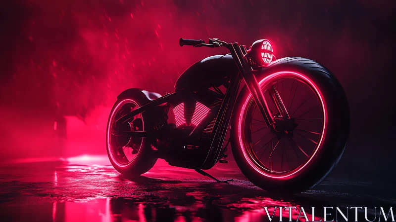 Neon cyberpunk motorcycle under rain in vivid red glow.