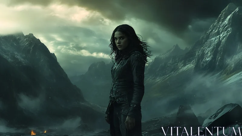 Stormborn wanderer in raven leathers across ruined peaks.