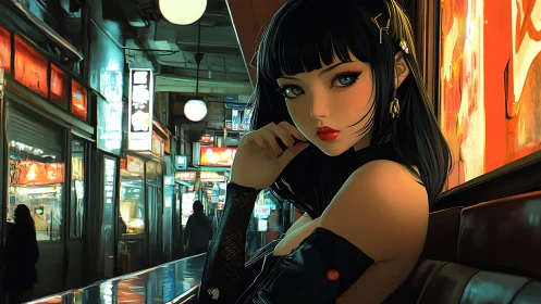 Neon alley portrait of noir styled woman at night market.