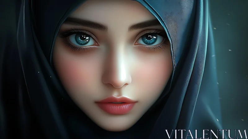 Hyperreal digital portrait renders veiled woman in cool light