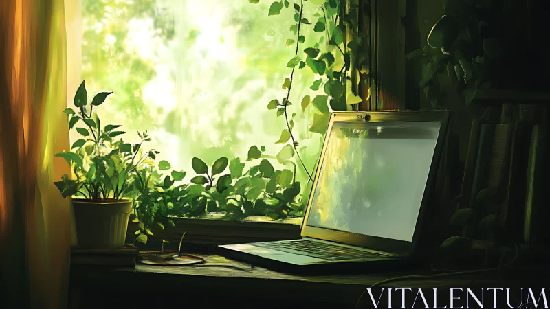 Cozy window desk with laptop bathed in gentle green light.
