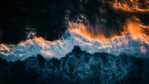 Aerial seascape with golden hour surf and tonal contrast study.