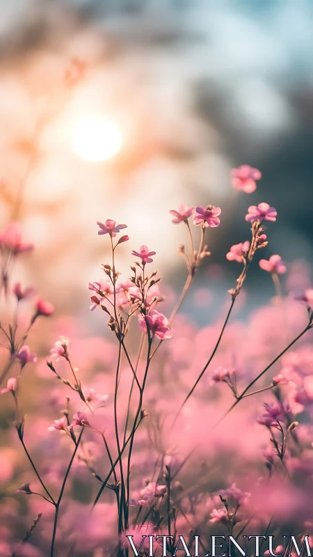 Pink wildflowers bathed in golden sunlight and soft haze