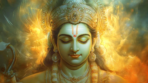 Digital depiction of serene crowned deity with golden aura.