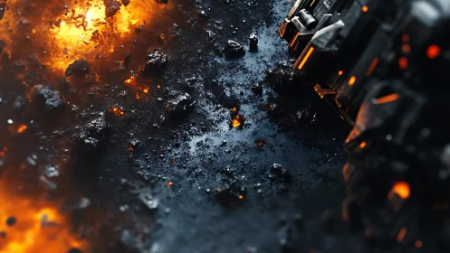 Molten debris field beside futuristic armored structure.