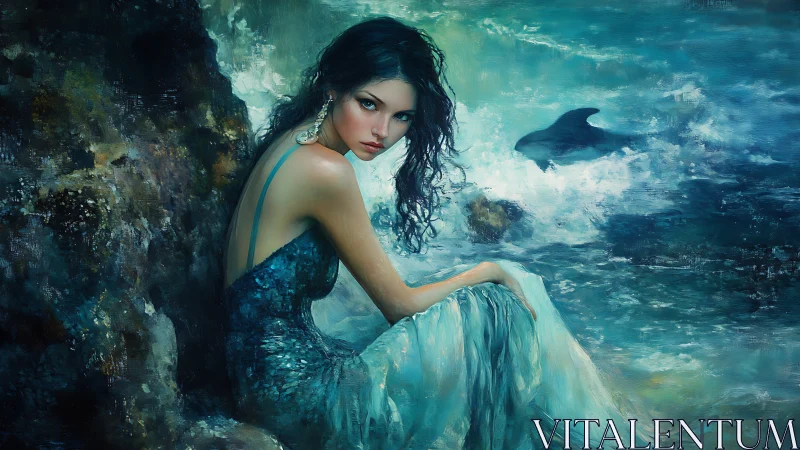 Moonlit sea siren resting by storm-splashed coastal rocks.