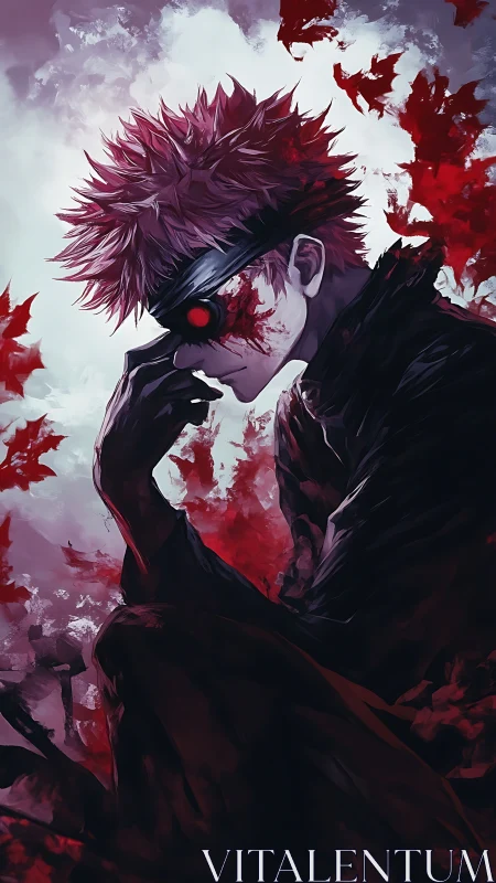 Red-eyed masked figure in dark cloak with crimson debris.