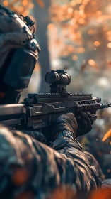 Photoreal tactical sniper profile in autumn woodland environment.