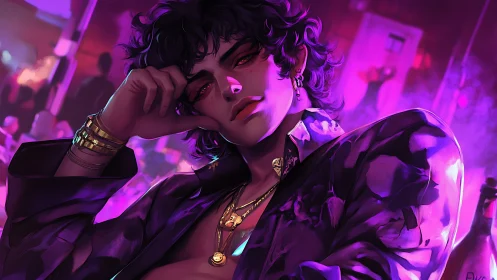 Stylized portrait of man in nightclub with neon lighting.