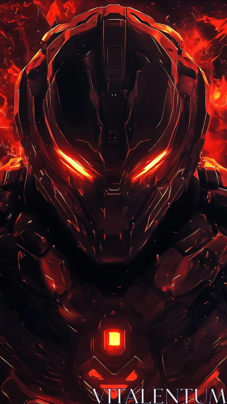 Armored sci fi warrior with glowing red visor in flames.