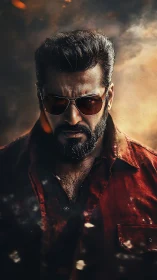 Male subject in red shirt stands against smoky, lit backdrop