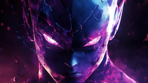 Bioluminescent cyber entity portrait with fractured metallic face