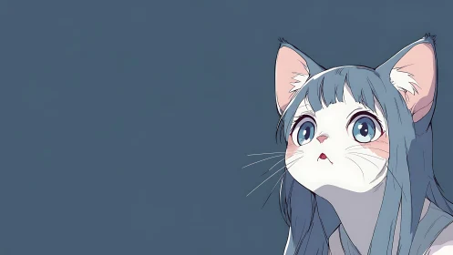 Blue-haired anime catgirl with wide curious gaze portrait.