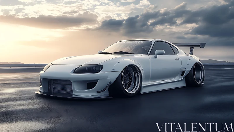 Low-slung white tuner car hunts horizons under moody skies.