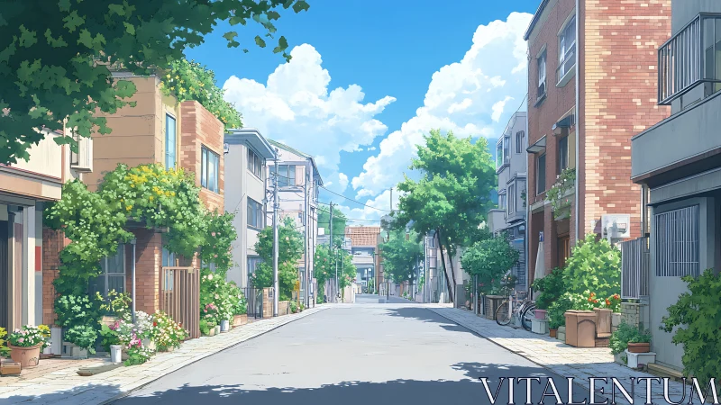 Sunlit suburban street rests under a calm summer sky
