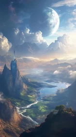 Celestial river valley beneath towering alien spire worlds.