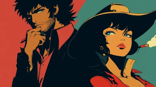 Stylized noir duo in bold split-complementary palette.