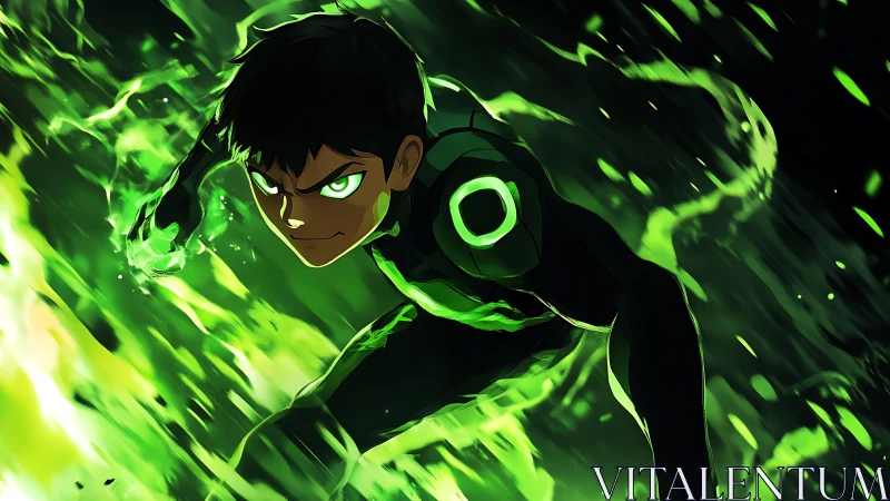 Emerald-charged young hero cuts through a rushing neon storm