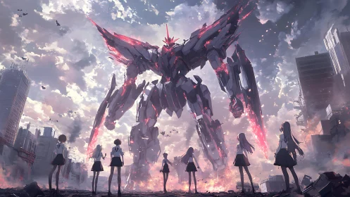 Colossal mecha descends over ruined city and schoolgirls.