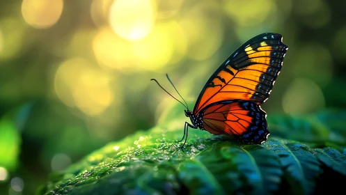 Orange butterfly on wet green leaf in defocused habitat.