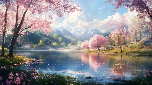 Cherry trees and lake before distant snowy mountain range.