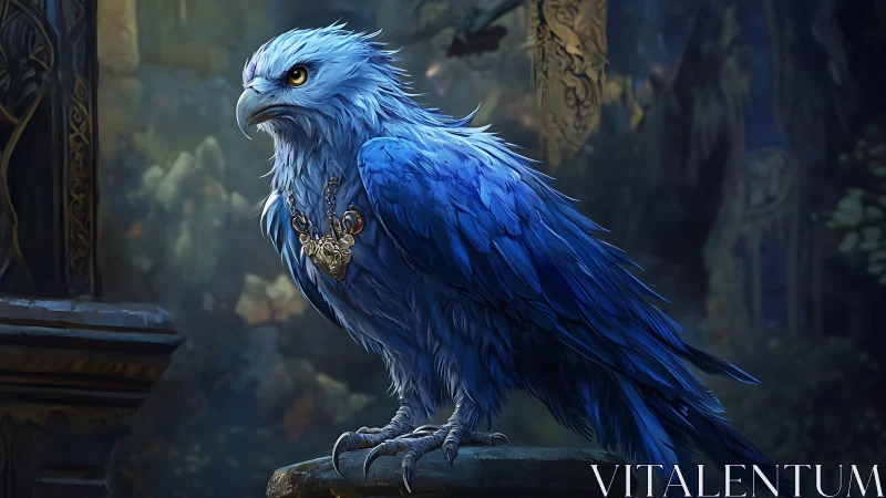 Majestic Blue Fantasy Bird Perched in Enchanted Forest, Digital Art.