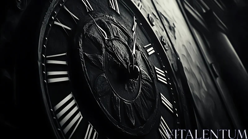 Moody vintage clock face glowing softly in the shadows.