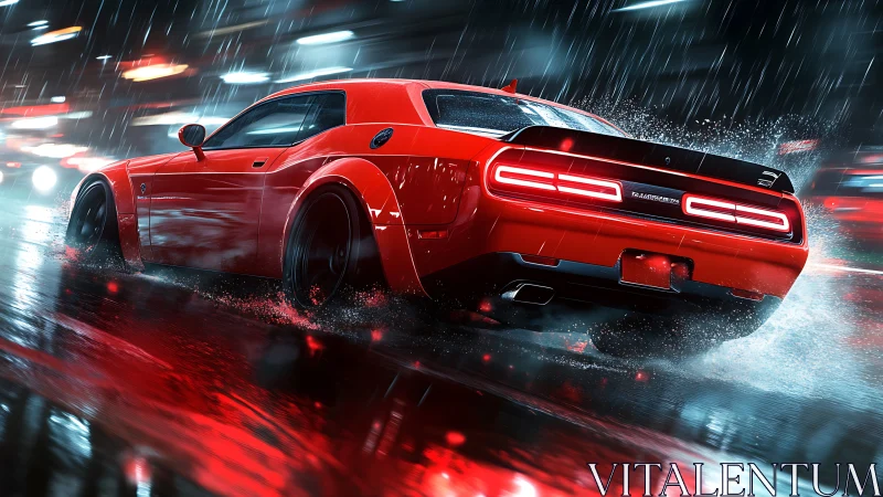 Red widebody muscle car drifting on wet neon city street