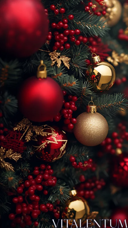 Red and gold Christmas ornaments create rich festive depth