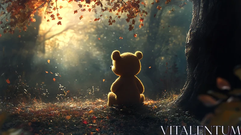 Digital painting of teddy bear in autumn backlit glade composition.