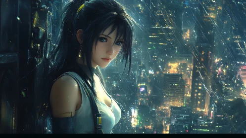 Stoic cyberpunk woman overlooks neon city in cold rain