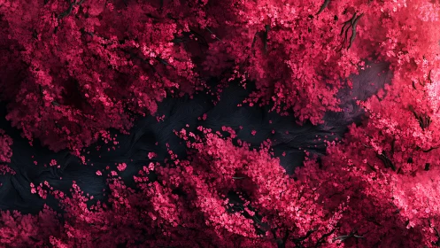 Cherry blossom canopy frames a dark, dreamy winding river