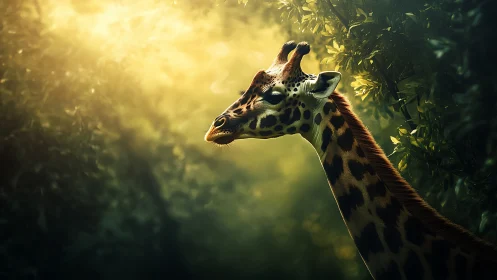 Giraffe pauses in glowing forest light and tranquil shadowed foliage.