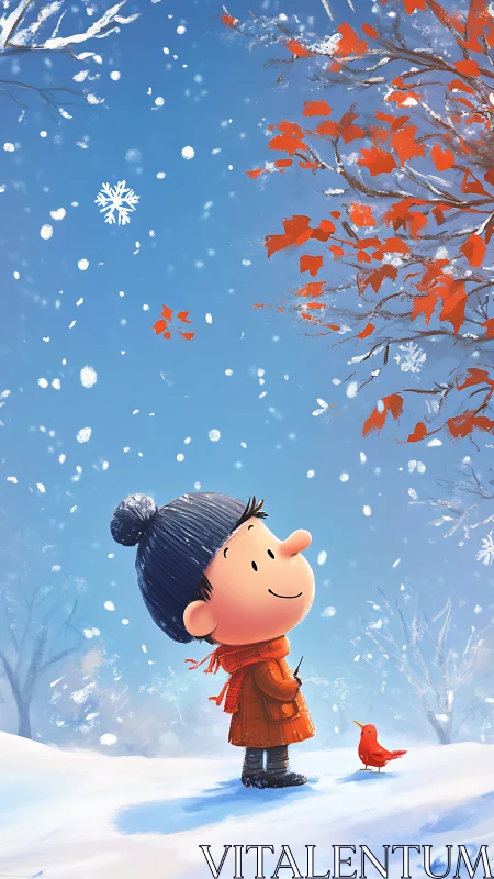 Child watching first snowfall under bright winter sky.