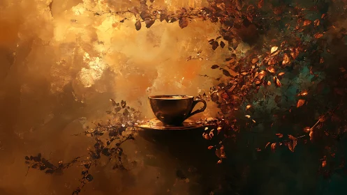 Copper teacup floating in luminous autumn foliage haze.