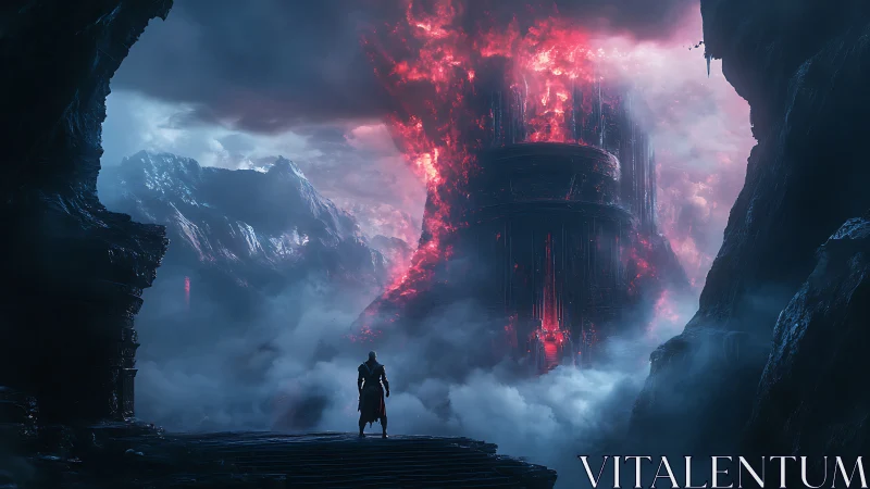 Lone wanderer before the crimson stormtower of mist.