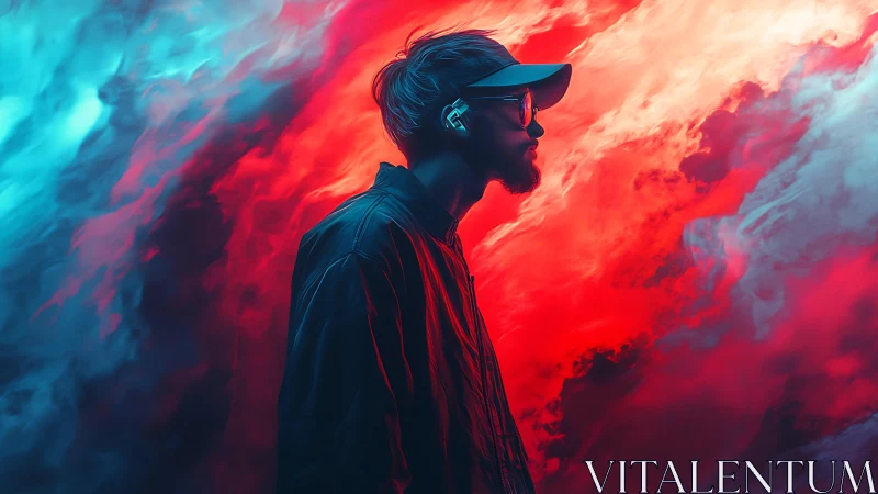 Neon-lit silhouette walks through red and cyan vapor clouds.