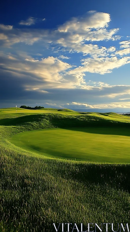 Sunlit golf green under dramatic evening sky panorama.