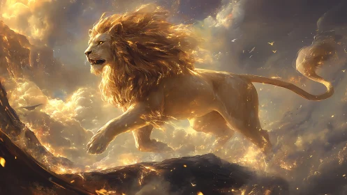 Celestial lion strides through burning clouds at dawn.