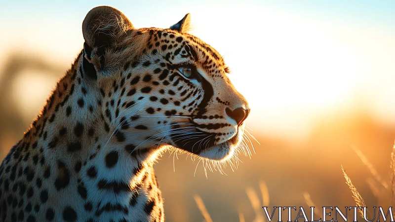 Leopard profile glows in golden backlit savanna sunset.