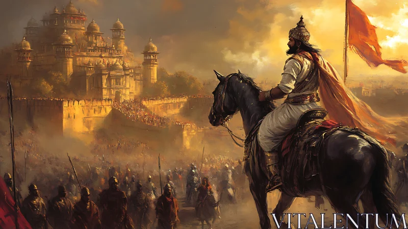 Mounted king surveys fortress before battle at sunset.