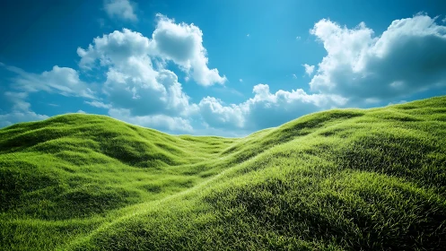 Sunlit grassy hills roll gently beneath vivid summer skies