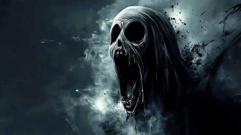 Wailing void phantom erupts from stormed midnight smoke.